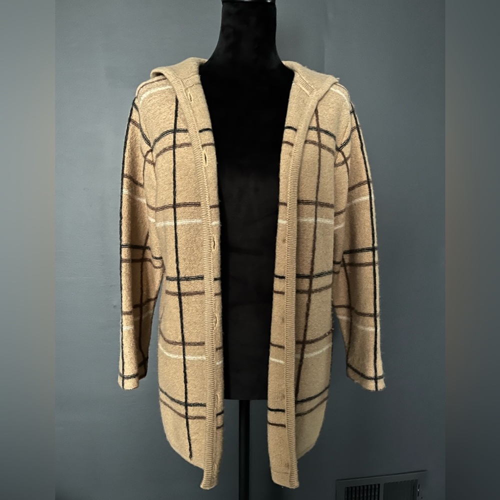 CHEROKEE Tan 100% Wool Plaid Hooded Cardigan Sz S